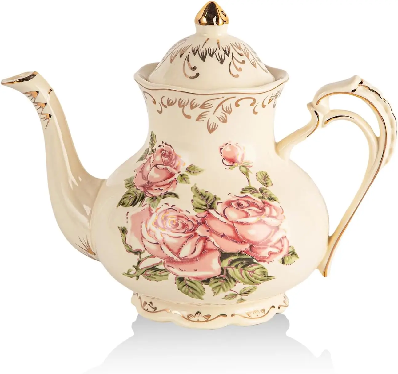YOLIFE Pink Rose Ceramic Teapot 25oz with stainless steel infuser vintage floral design
